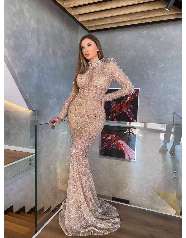 Gold beaded formal dress best sale