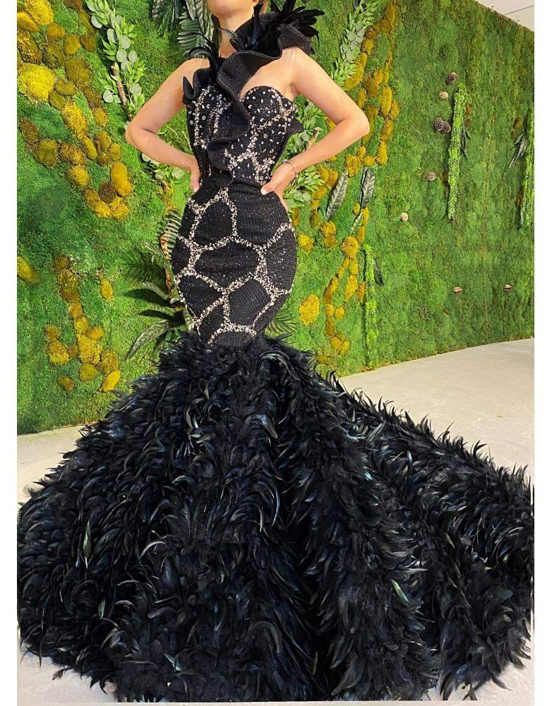 Luxury Evening Gown Black Fur - Main Image