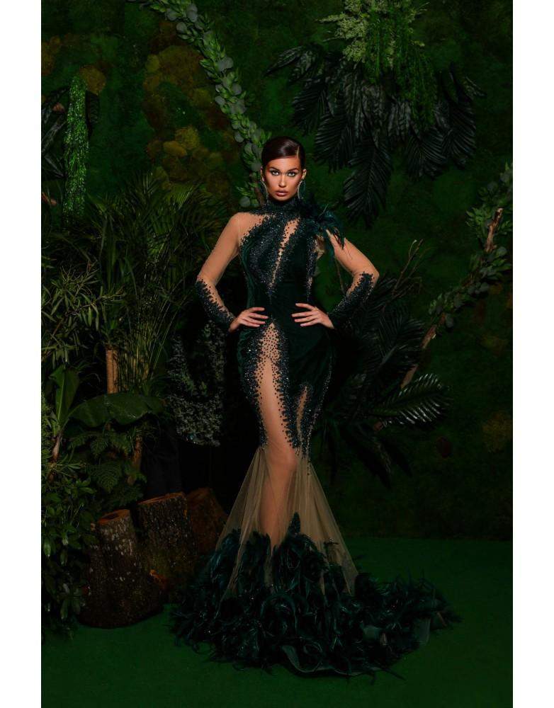 Luxury Dark Green Evening Gown with Lace S Luxury Dark Green Evening Gown with Lace S