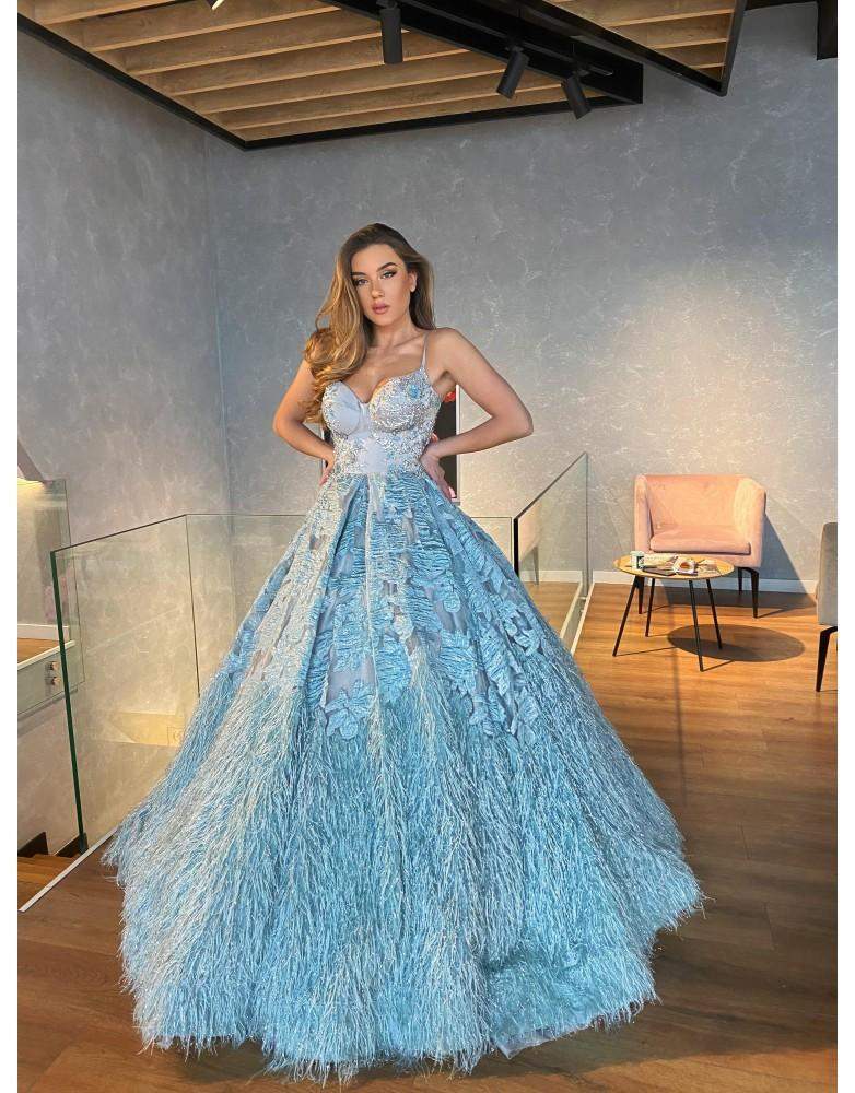 Luxury Evening Gown White and Blue Shiny