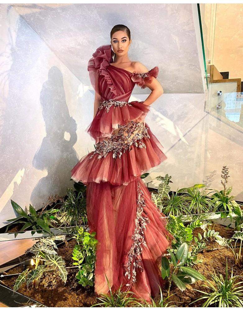 Luxury Evening Gown Dark Orange XS / Red / Lace Luxury Evening Gown Dark Orange XS / Red / Lace
