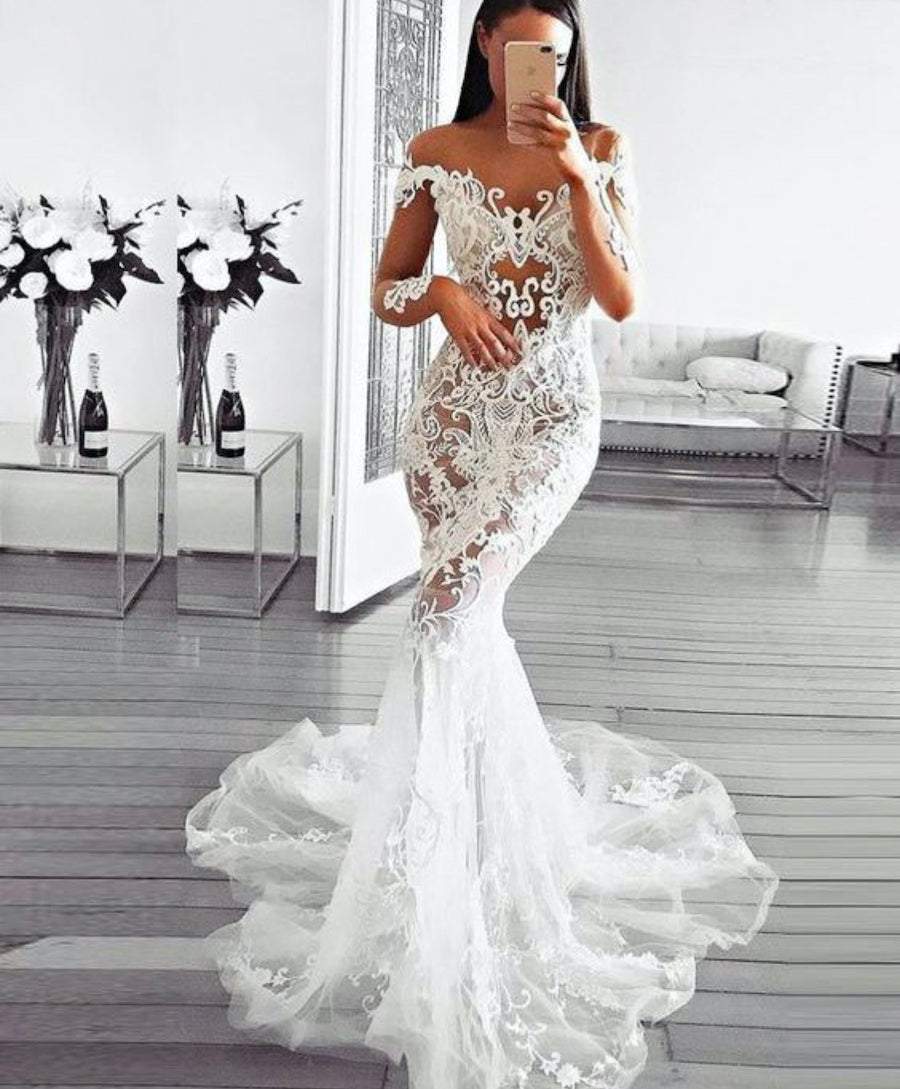 Mermaid Wedding Gown with Lace Xs / White / Lace Mermaid Wedding Gown with Lace Xs / White / Lace