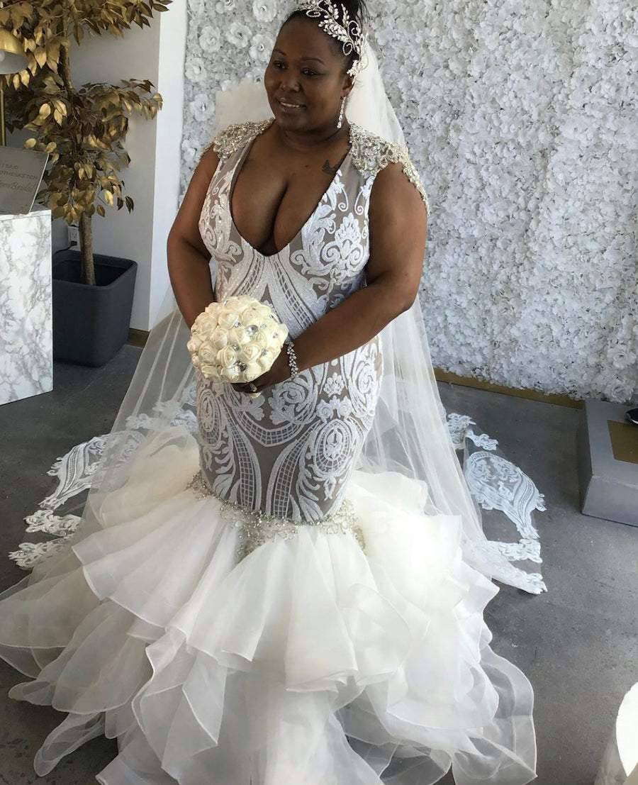 C2022-SLSB448 - Sheer long sleeve plus size wedding gown with Swarovski  Crystal Bling