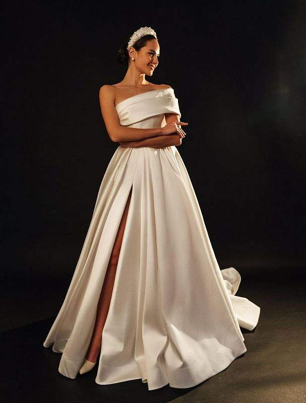 sachin and babi light blue dress One-Shoulder Wedding Dresses 2026 Elegant Women's A-Line Sleeveless Floor-Length Formal Wedding Gowns with High Split, Ivory main image 1