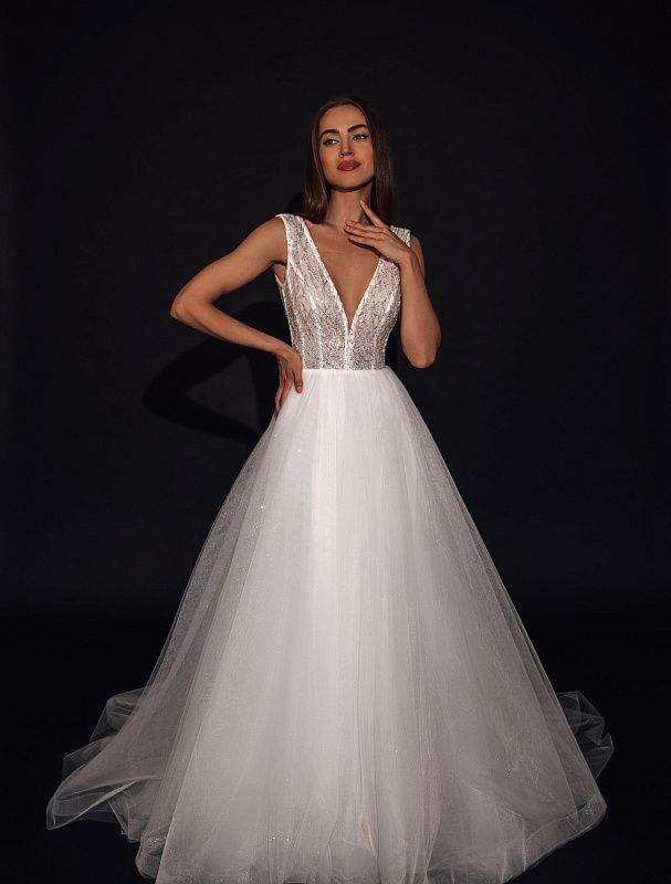 Sleeveless Plunging V-Neck A-Line Wedding Dress | Wedding Gowns L / White / Satin Sleeveless Plunging V-Neck A-Line Wedding Dress | Wedding Gowns L / White / Satin