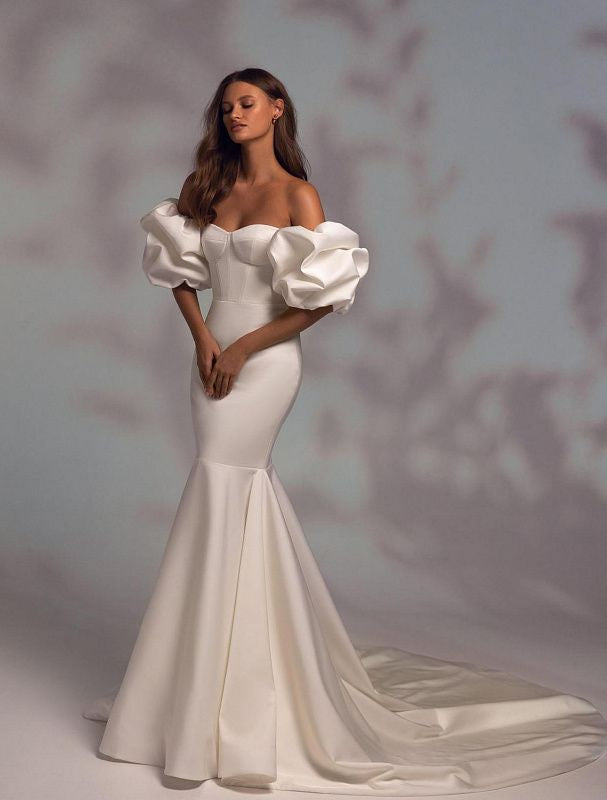 Aesthetic Short Puffy Sleeves White Wedding Dress| Wedding Gowns XXL / White / Satin Aesthetic Short Puffy Sleeves White Wedding Dress| Wedding Gowns XXL / White / Satin