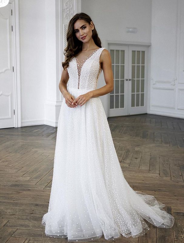Pearl Beaded Deep V Neck White Wedding Dress| Wedding Gowns XXL / White / Satin Pearl Beaded Deep V Neck White Wedding Dress| Wedding Gowns XXL / White / Satin