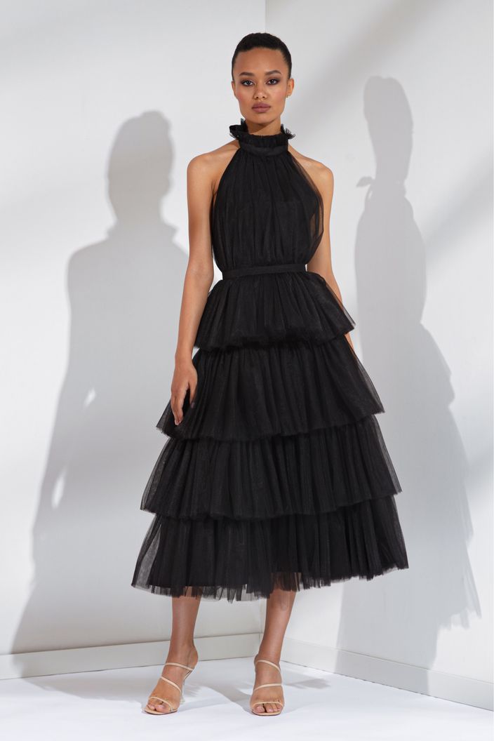Black Halter Neck Tie Up frilled Evening Dress | Evening Dress M / Black Black Halter Neck Tie Up frilled Evening Dress | Evening Dress M / Black