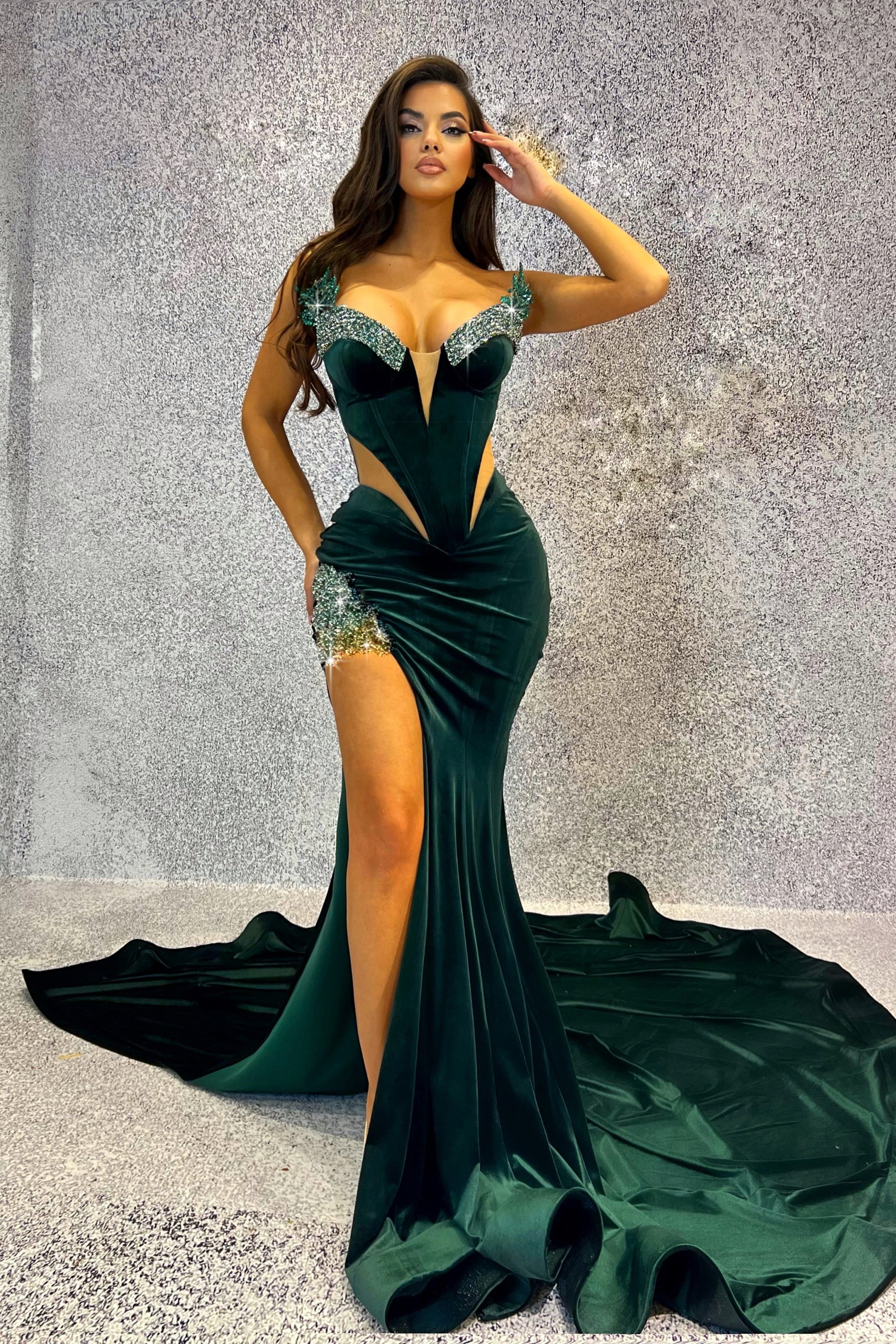 Green velvet mermaid dress sale