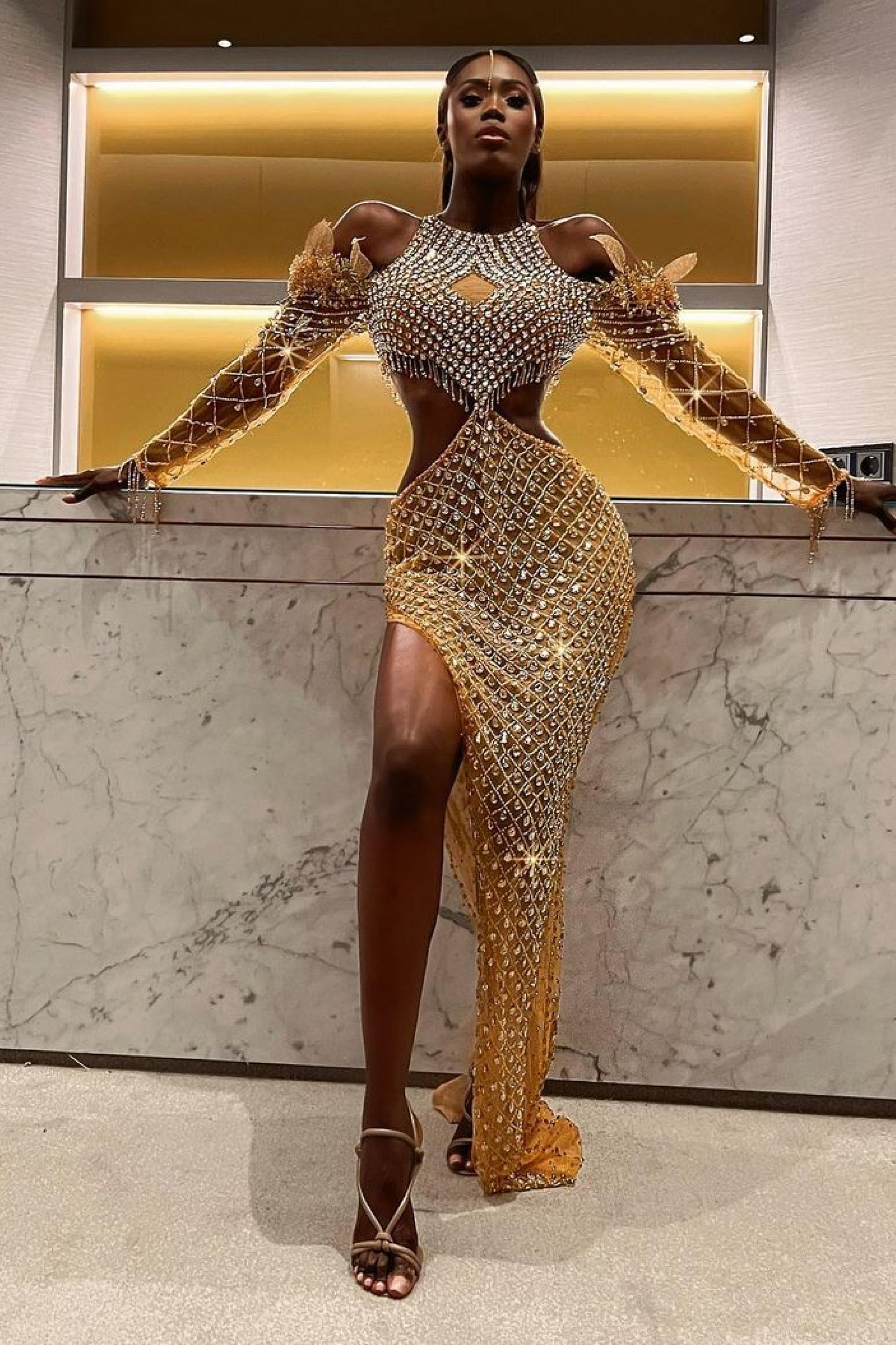 Luxury Gold Mermaid Evening Dress Stones Shiny | Designer Gowns D&D Clothing Luxury Gold Mermaid Evening Dress Stones Shiny | Designer Gowns D&D Clothing