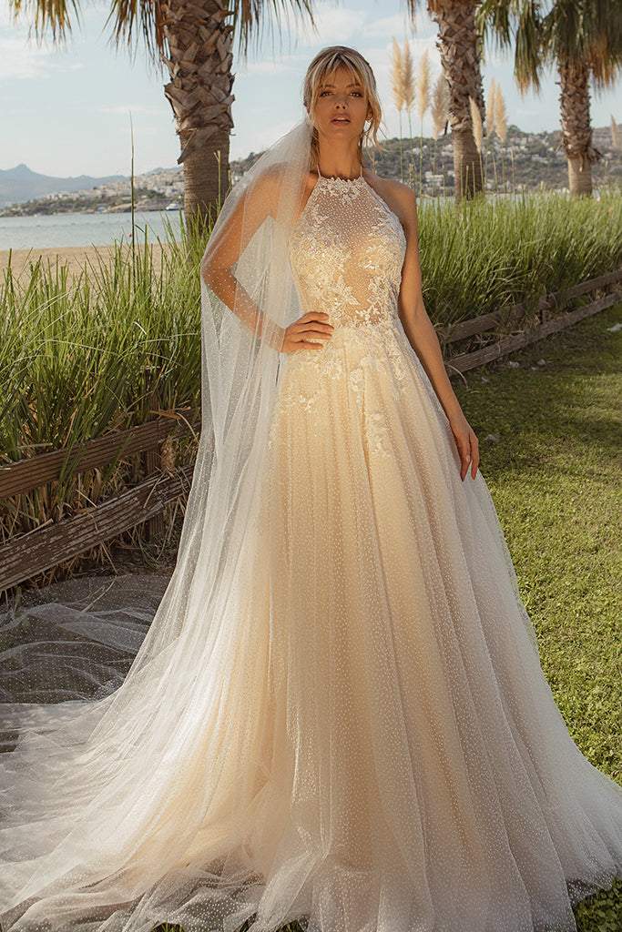 Nude cream/beige/champagne lace outdoor ball gown wedding dress
