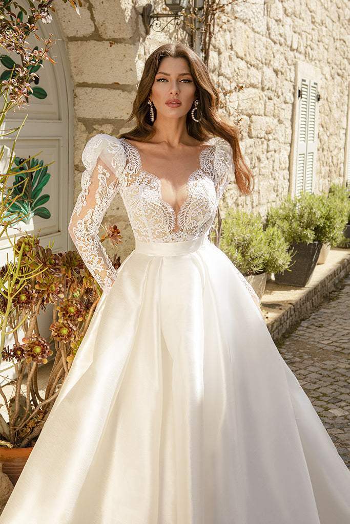 Wedding Dress With Satin Train | Wedding Dress XXXL / White / Lace Wedding Dress With Satin Train | Wedding Dress XXXL / White / Lace