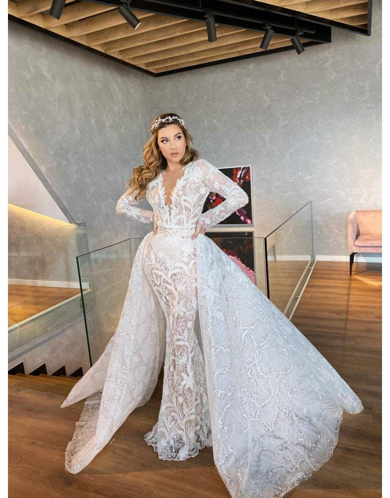 Wedding Gown With Lace With Removable Skirt XXXL / White / Lace Wedding Gown With Lace With Removable Skirt XXXL / White / Lace