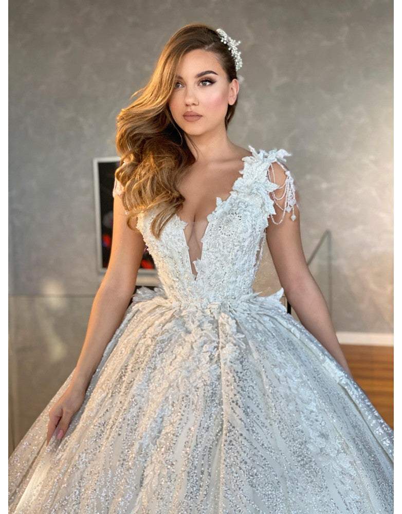 African Ball Gown With Long Trail XL / White / Satin African Ball Gown With Long Trail XL / White / Satin