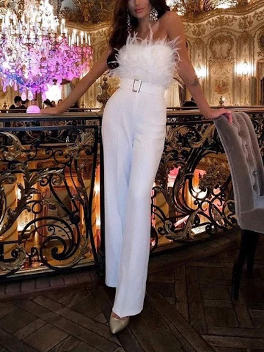 White Sleeveless Strapless Feather Trim Party Jumpsuit with Belted Waist Glamorous Wide Leg Evening Outfit(White/2XL) White Sleeveless Strapless Feather Trim Party Jumpsuit with Belted Waist Glamorous Wide Leg Evening Outfit(White/2XL)