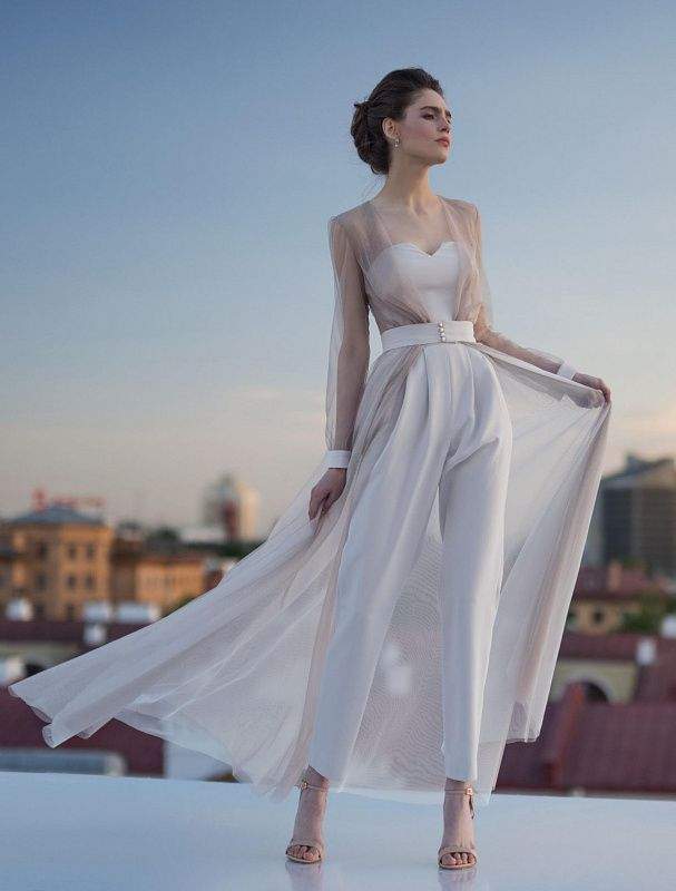 Sizzler White Wedding Jumpsiut-danddclothing-Classic Elegant Gowns,Jumpsuits,Royal Wedding Dresses,White