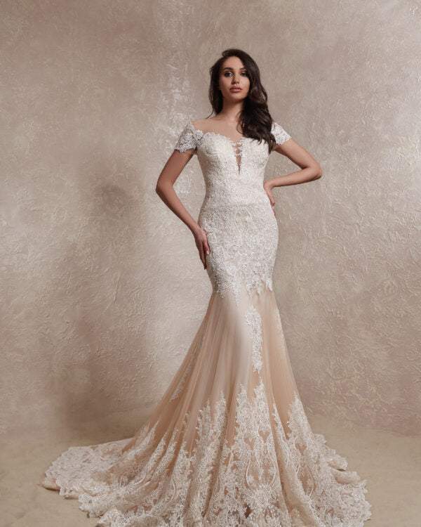 cream mermaid wedding dress GL2594 | Embroidery Jewel Mesh Mermaid Wedding Gown