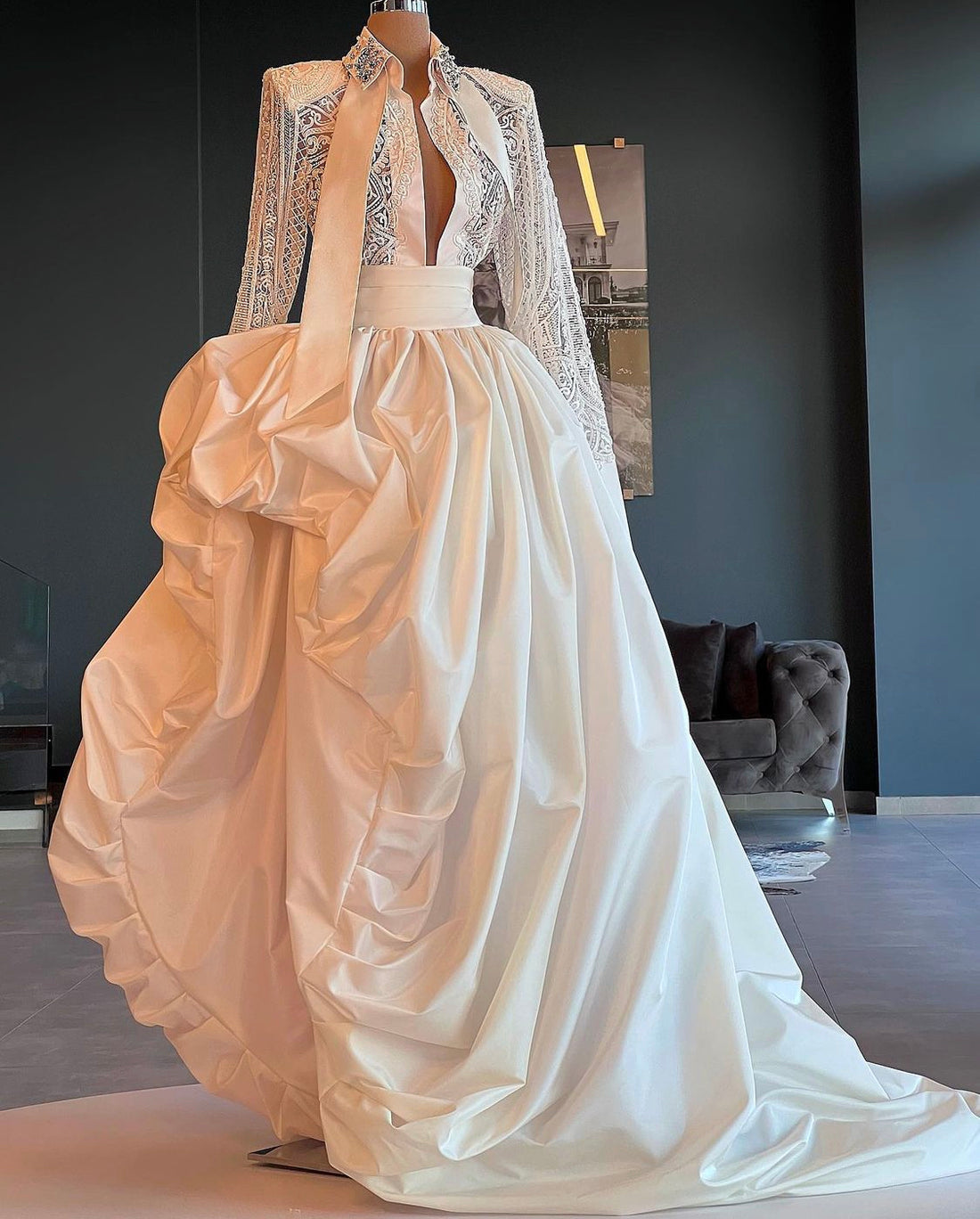 v neck prom dresses AD 3113 Color:Soft Pink Collection_Cabalynn Satin Maxi Dress Fashion Court Train 8