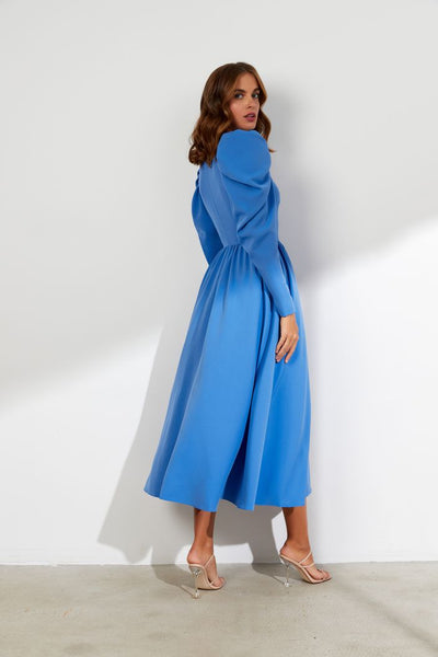Ivory Elegant High Neck Long Sleeves Blue Evening Dress
