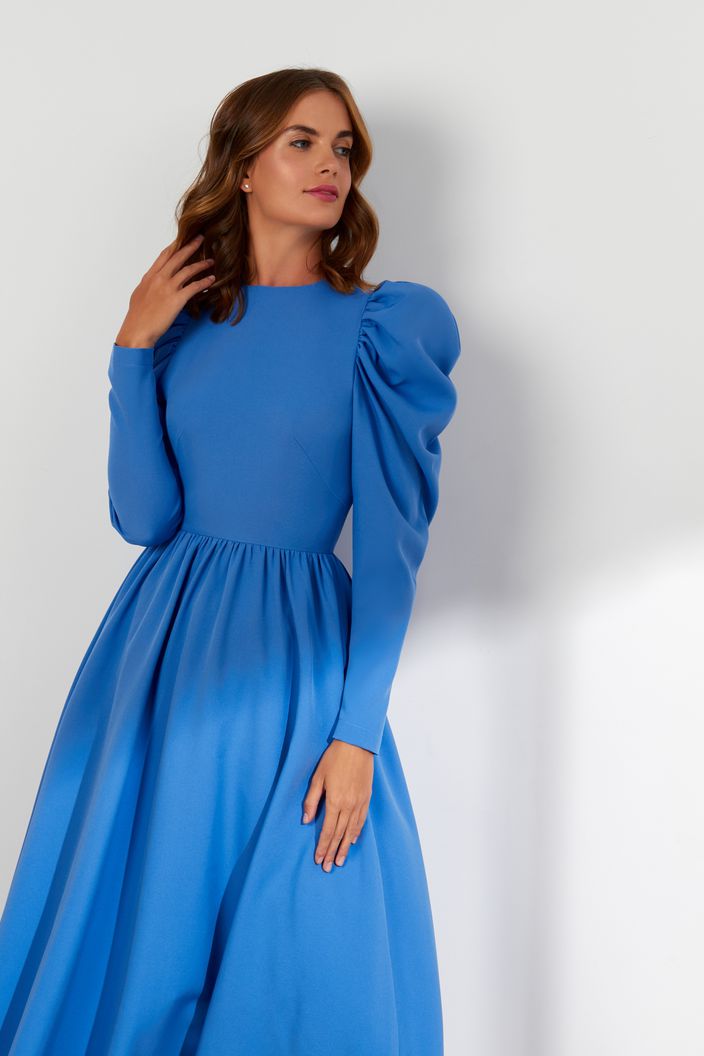 Ivory Elegant High Neck Long Sleeves Blue Evening Dress