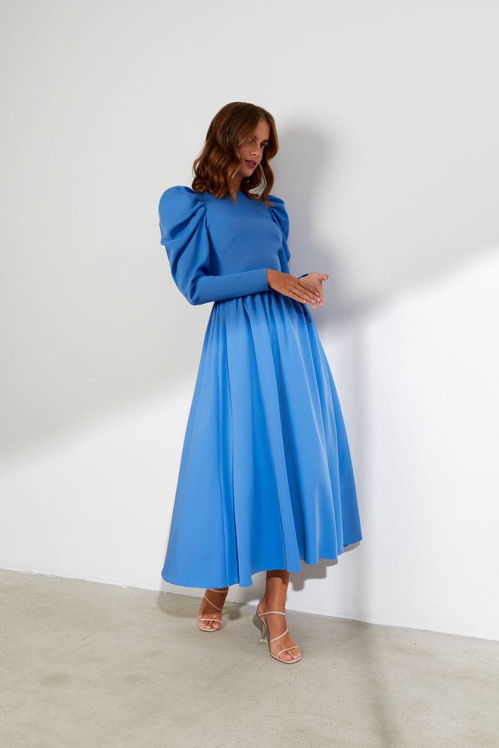 Ivory Elegant High Neck Long Sleeves Blue Evening Dress XL / Blue