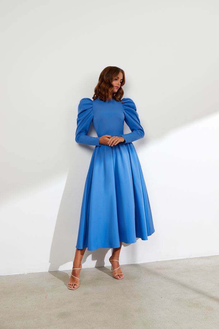 Ivory Elegant High Neck Long Sleeves Blue Evening Dress XL / Blue