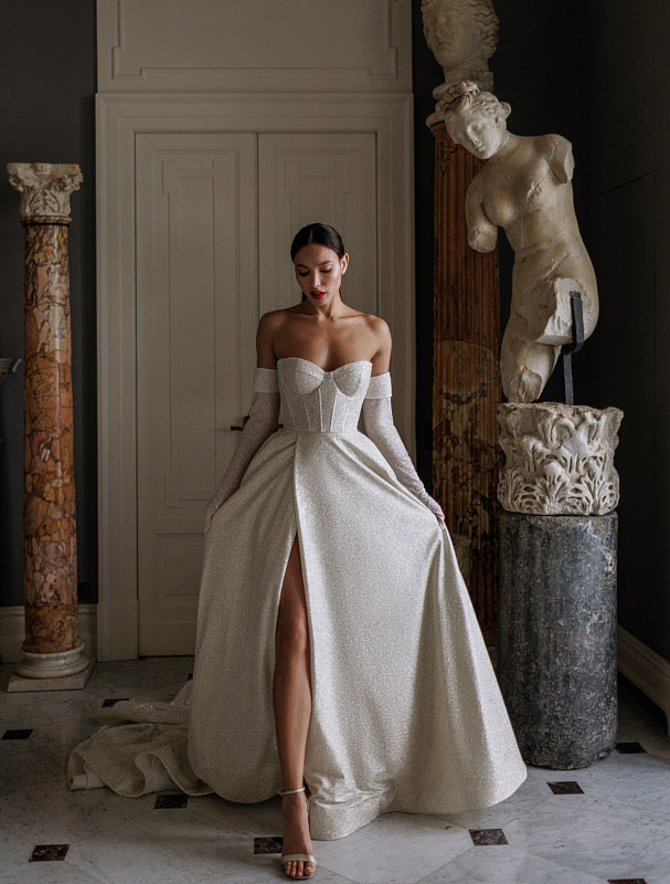 off the shoulder wedding dress with gloves A-Line Wedding Gown With Lace