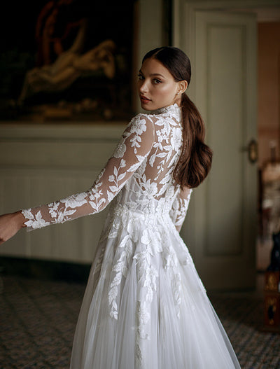 Nola Beautiful High Neck Long Sleeves White Wedding Dress