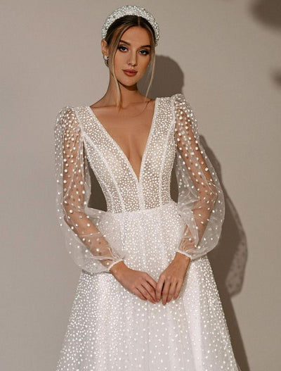Valentina Beautiful V-Neck Long Sleeves White Wedding Dress