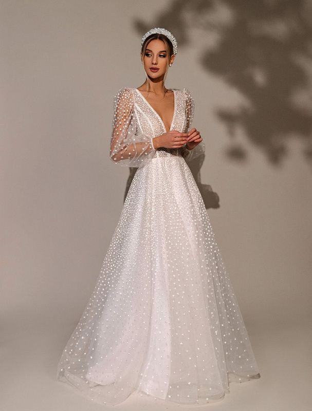 Valentina Beautiful V-Neck Long Sleeves White Wedding Dress