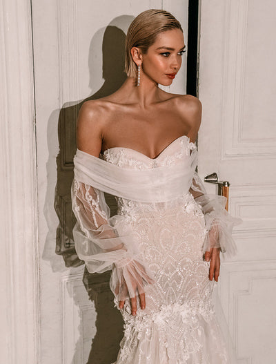 Frances Beautiful Off-Shoulder Long Shoulder White Wedding Dress