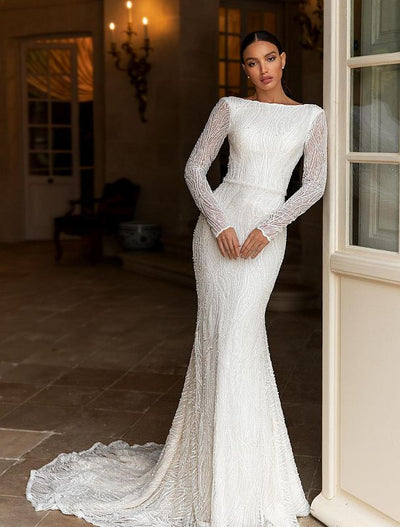 Karen Elegant High Neck Long Sleeves White Wedding Dress