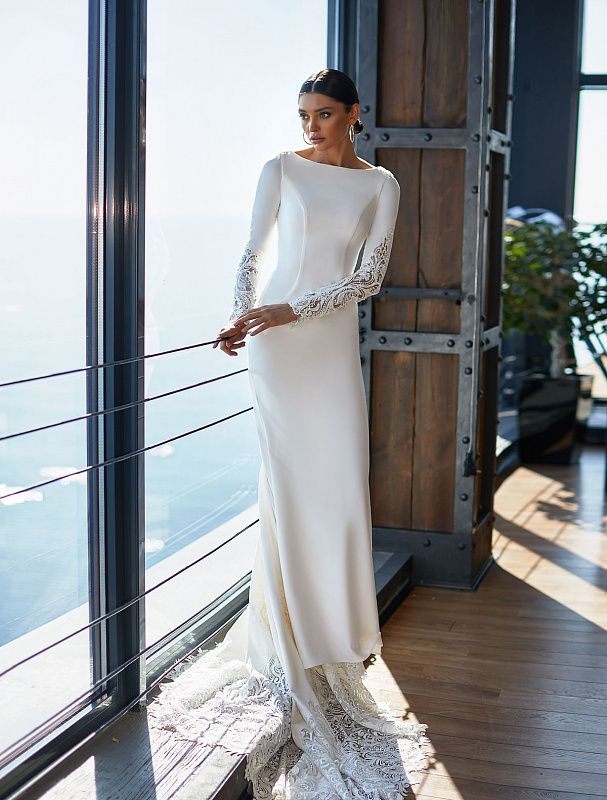 fitted lace wedding dress Malaysia Elegant High Neck Long Sleeves White Wedding Dress XXXL / White main image 0