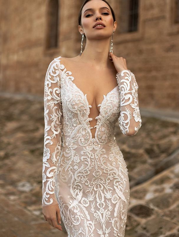 Trinity Elegant V-Neck Long Sleeves White Wedding Dress