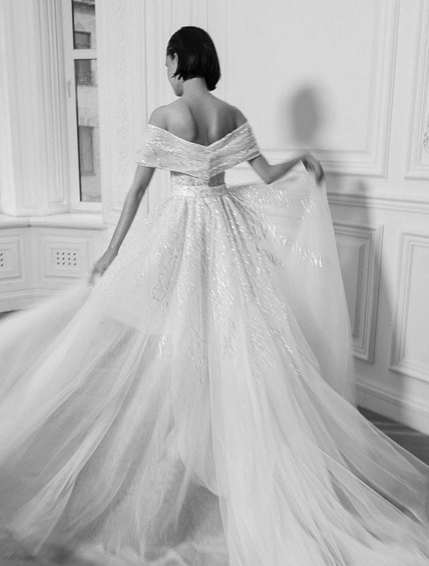 off the shoulder tulle ball gown wedding dress Emmeline Beautiful Off-Shoulder White Wedding Dress XS / White