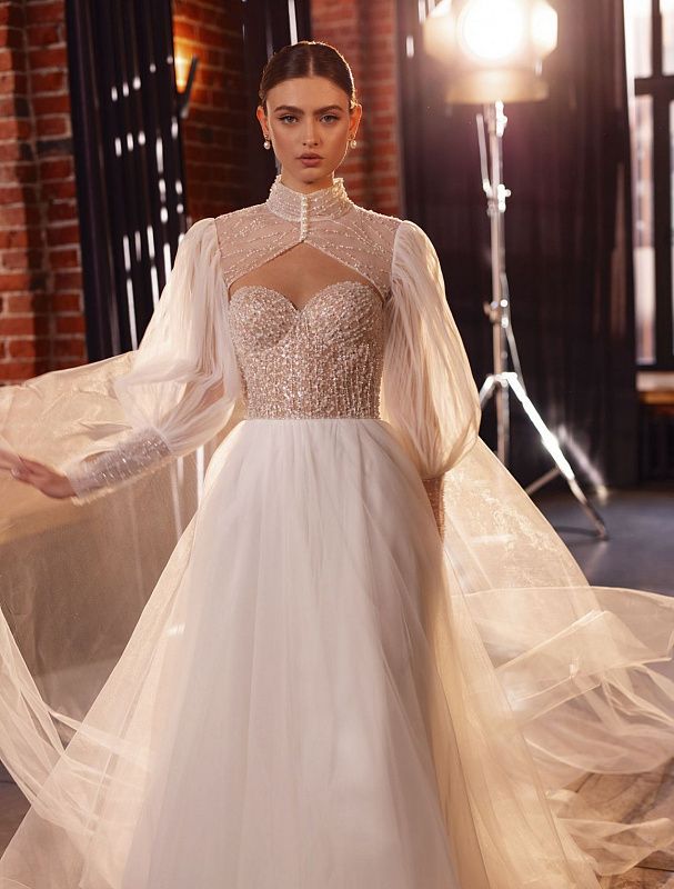 long sleeve puffy wedding dress Itzel Elegant High Neck Puff Sleeves White XL / White SCH007338_CLB_L Up Back Embellishment T747 - Cassie Strapless Size:custom +