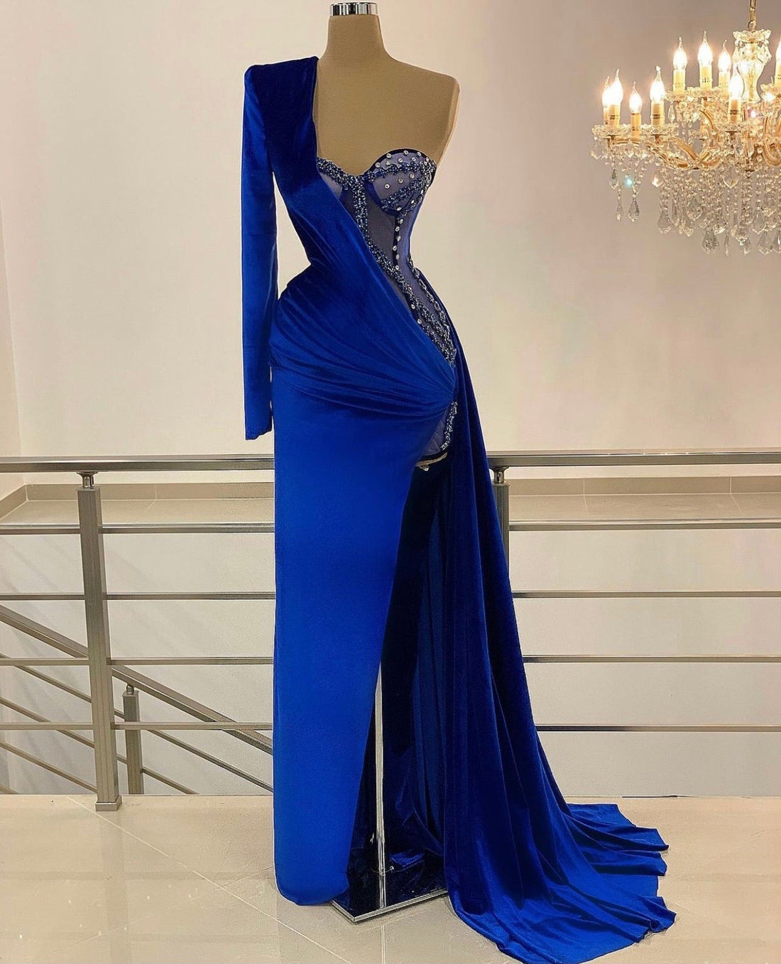 Valentina Royal Blue  Prom Dresses One Shoulder Side Split Beads Evening Dress