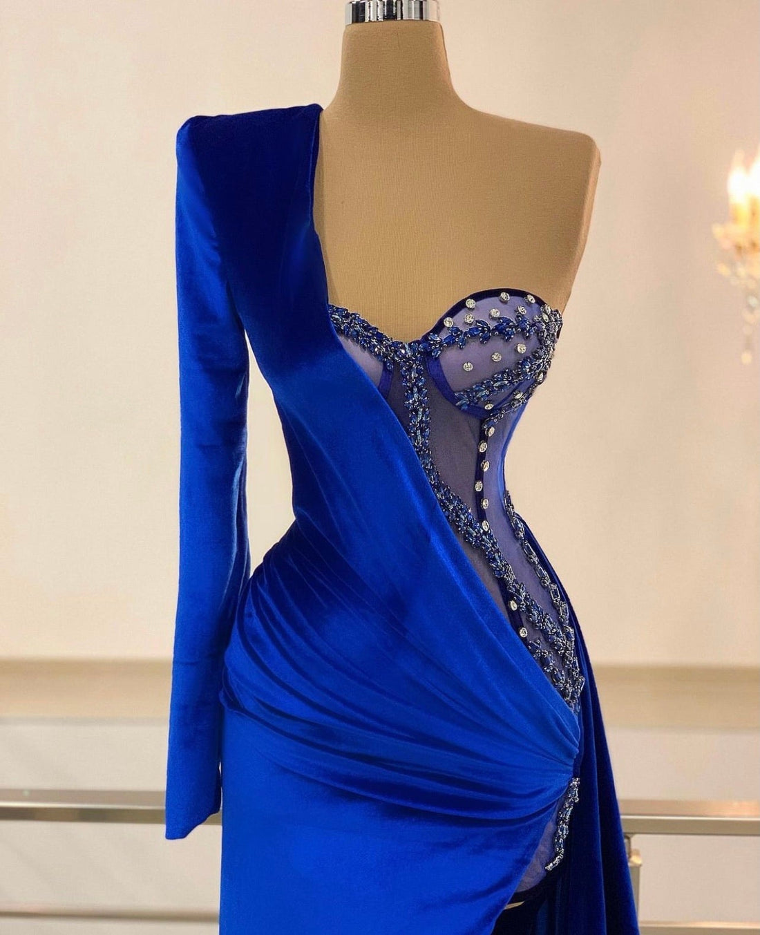 Valentina Royal Blue  Prom Dresses One Shoulder Side Split Beads Evening Dress