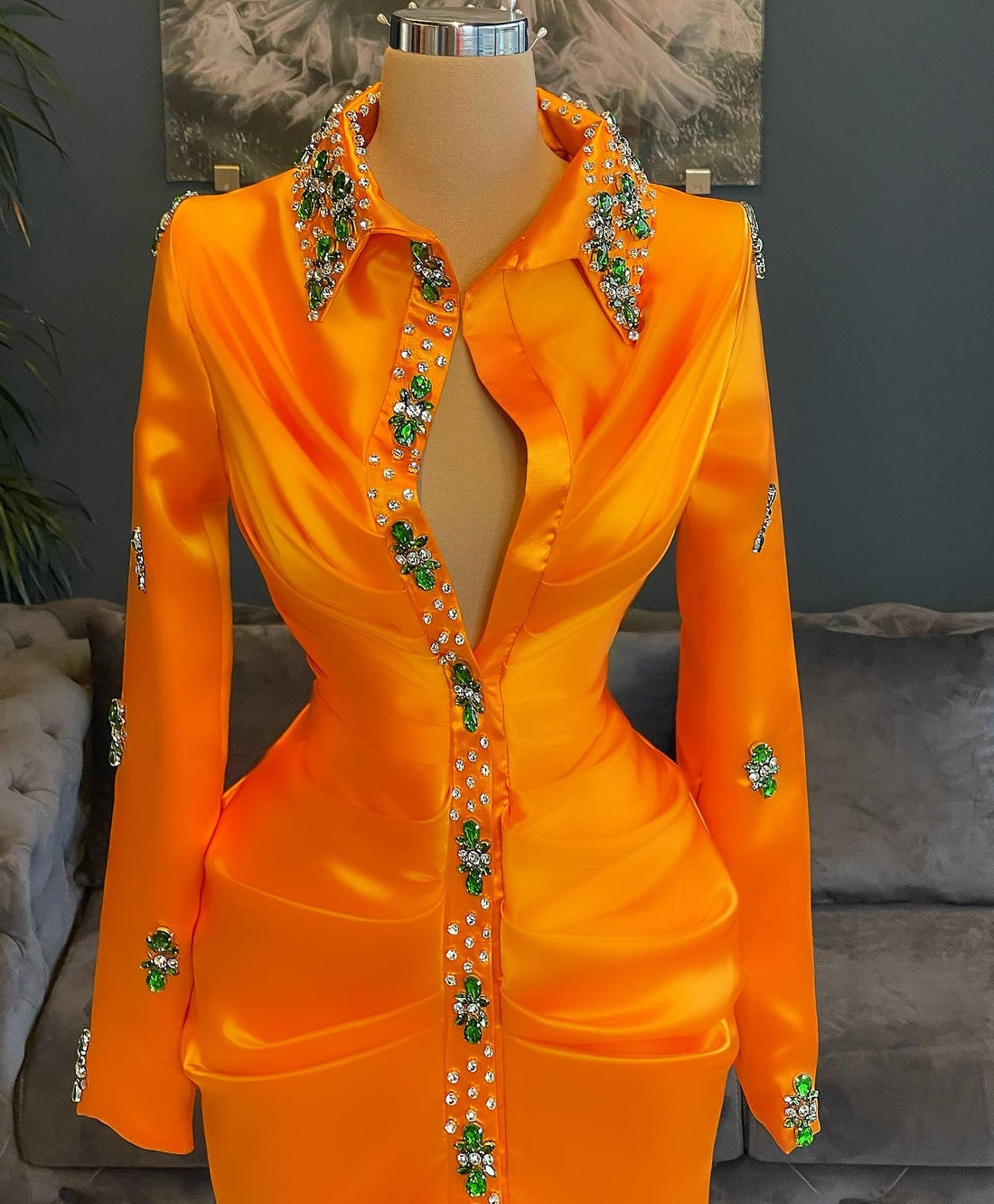 Kalani Orange Elegant Long Sleeves High Neck Crystals Evening Dress