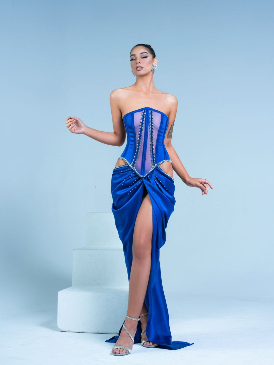Ria Blue Embellished High Front Slit Gown