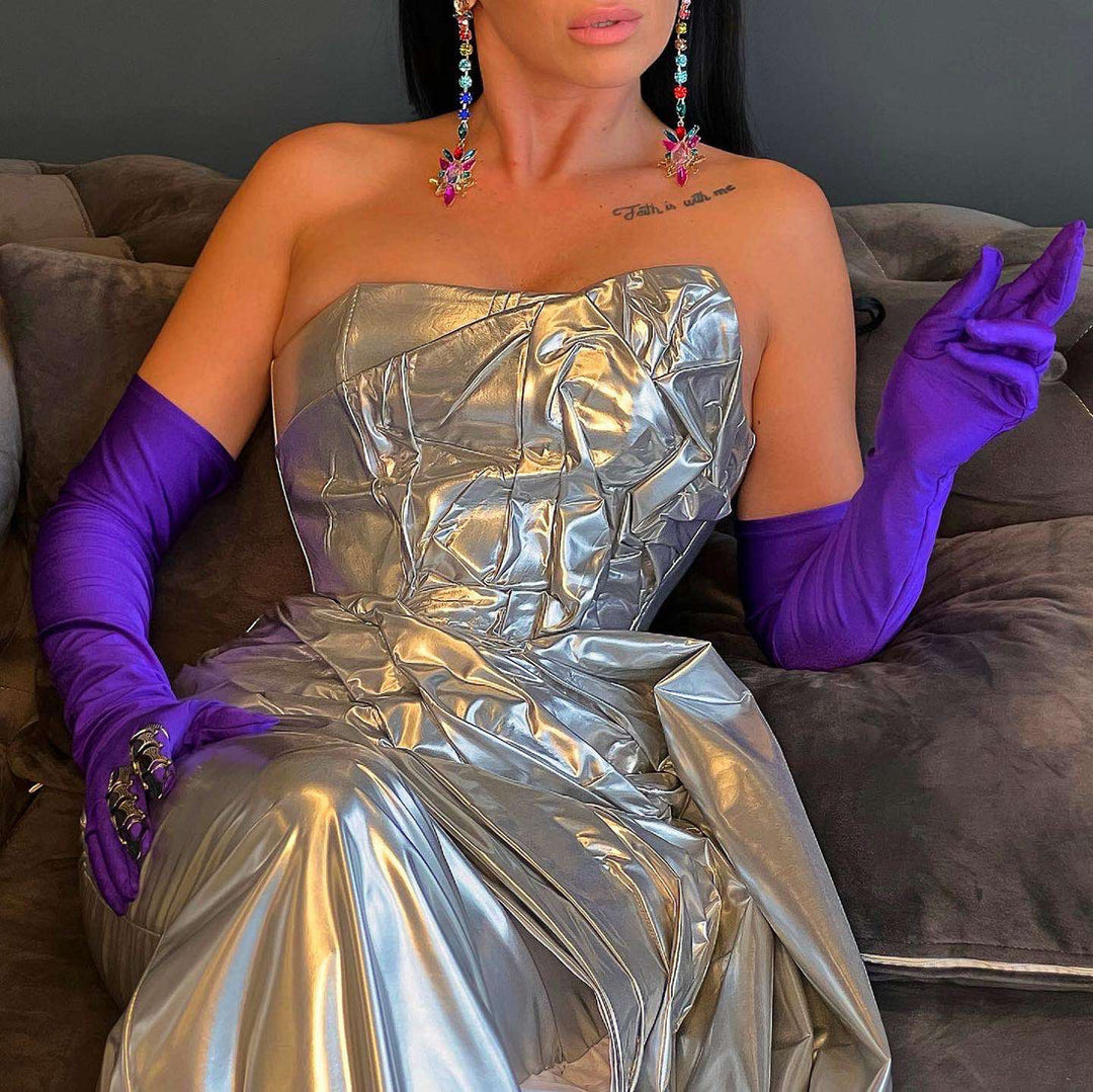silver dress gloves Silver Long Satin Gloves - Size: Adult