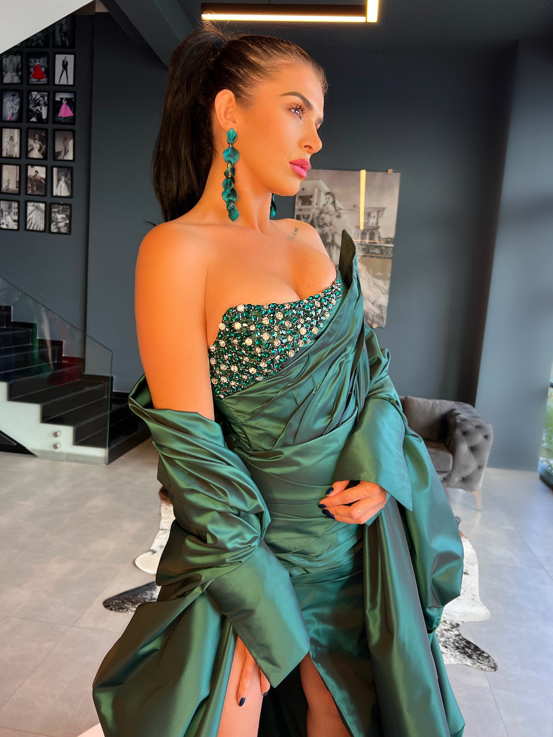 Evie Green Taffeta Elegant Set Evening Dress