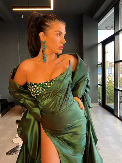 Evie Green Taffeta Elegant Set Evening Dress