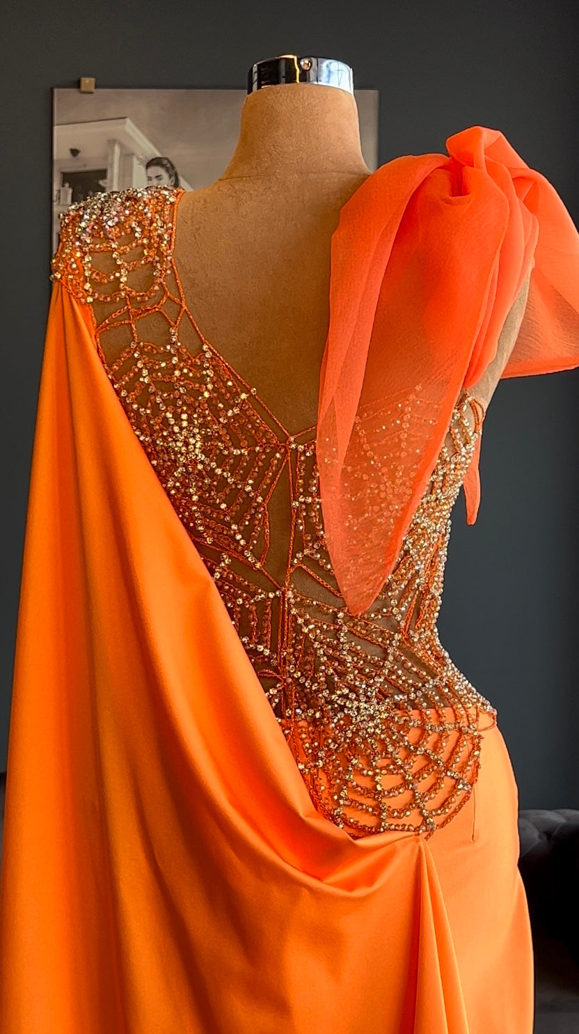 Gianna Spider Web Embellished Orange Evening Dress XXL / Orange Gianna Spider Web Embellished Orange Evening Dress XXL / Orange