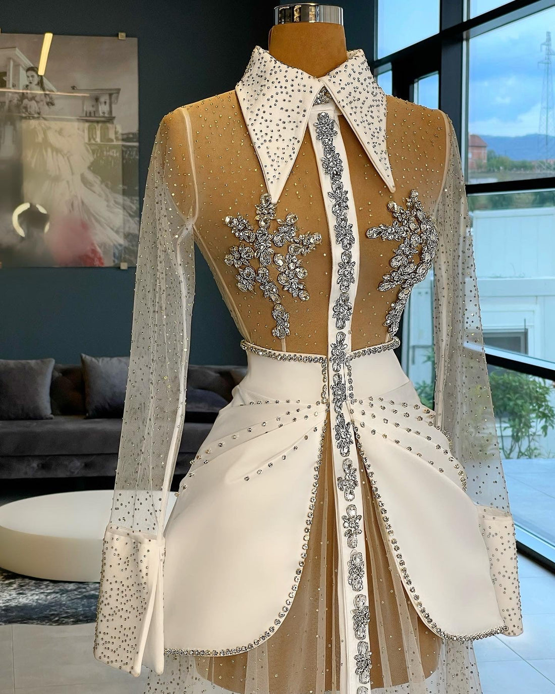 Sylvie Long Sleeve Sparkly Crystals  Evening Dress