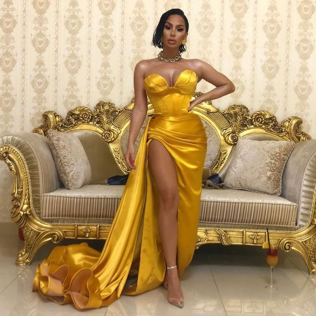 yellow off the shoulder formal dress Zapaka Women Yellow Prom Dress Off The Shoulder Mermaid Ruffles Satin Long Evening Dress, Yellow / US20W