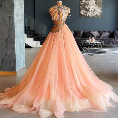 Zariah Pink High Neck  Evening Dress