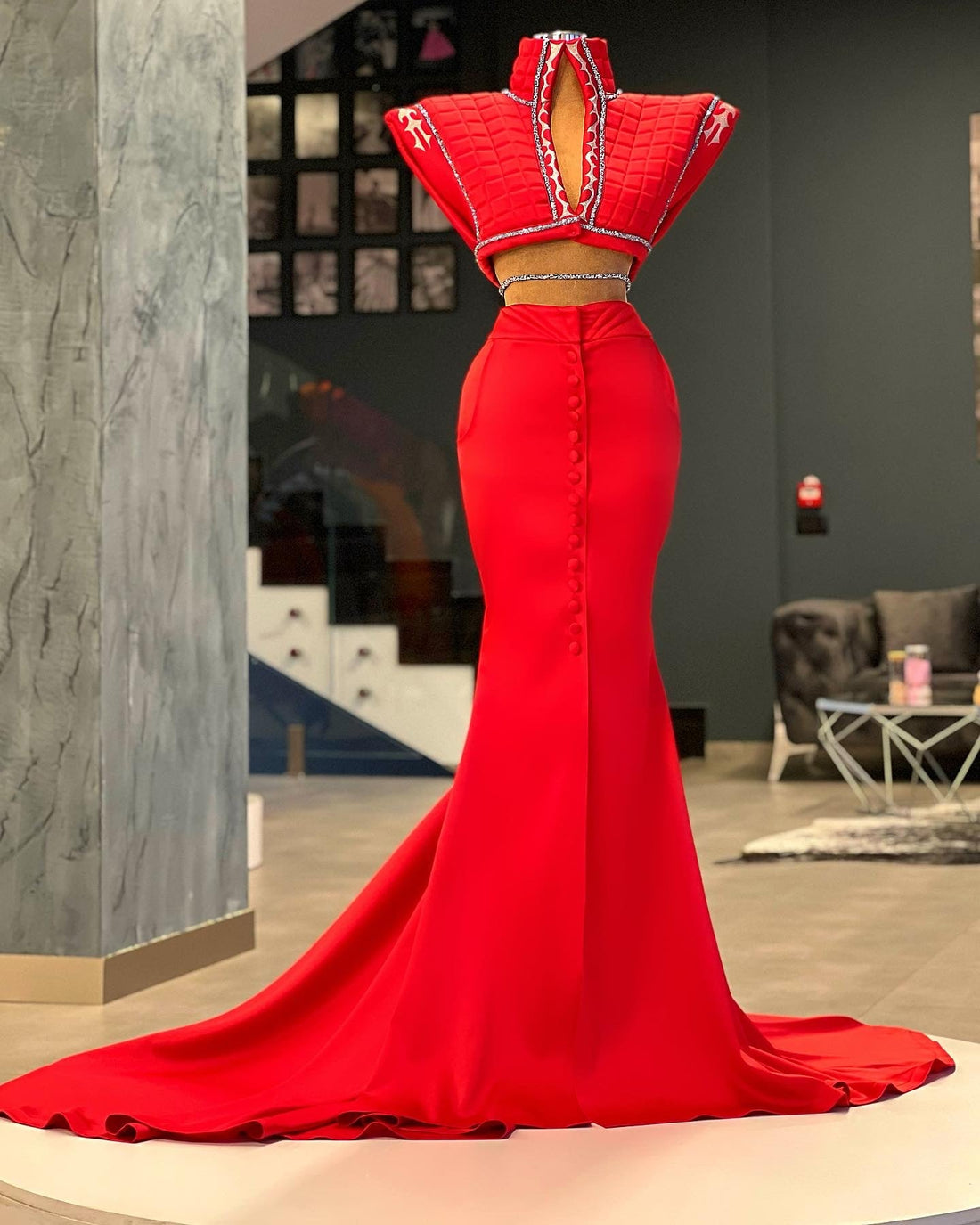 Zoya Red 2 Piece High Neck Evening Dress