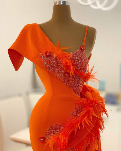 Grace Beautiful Feathers Orange Evening Dress