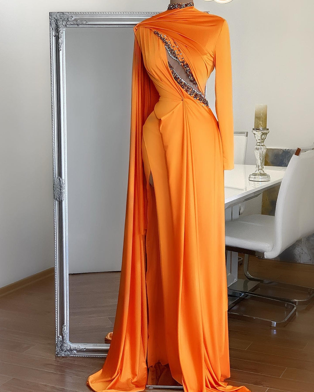 Joyce Long Sleeves High Neck Orange Evening Dress